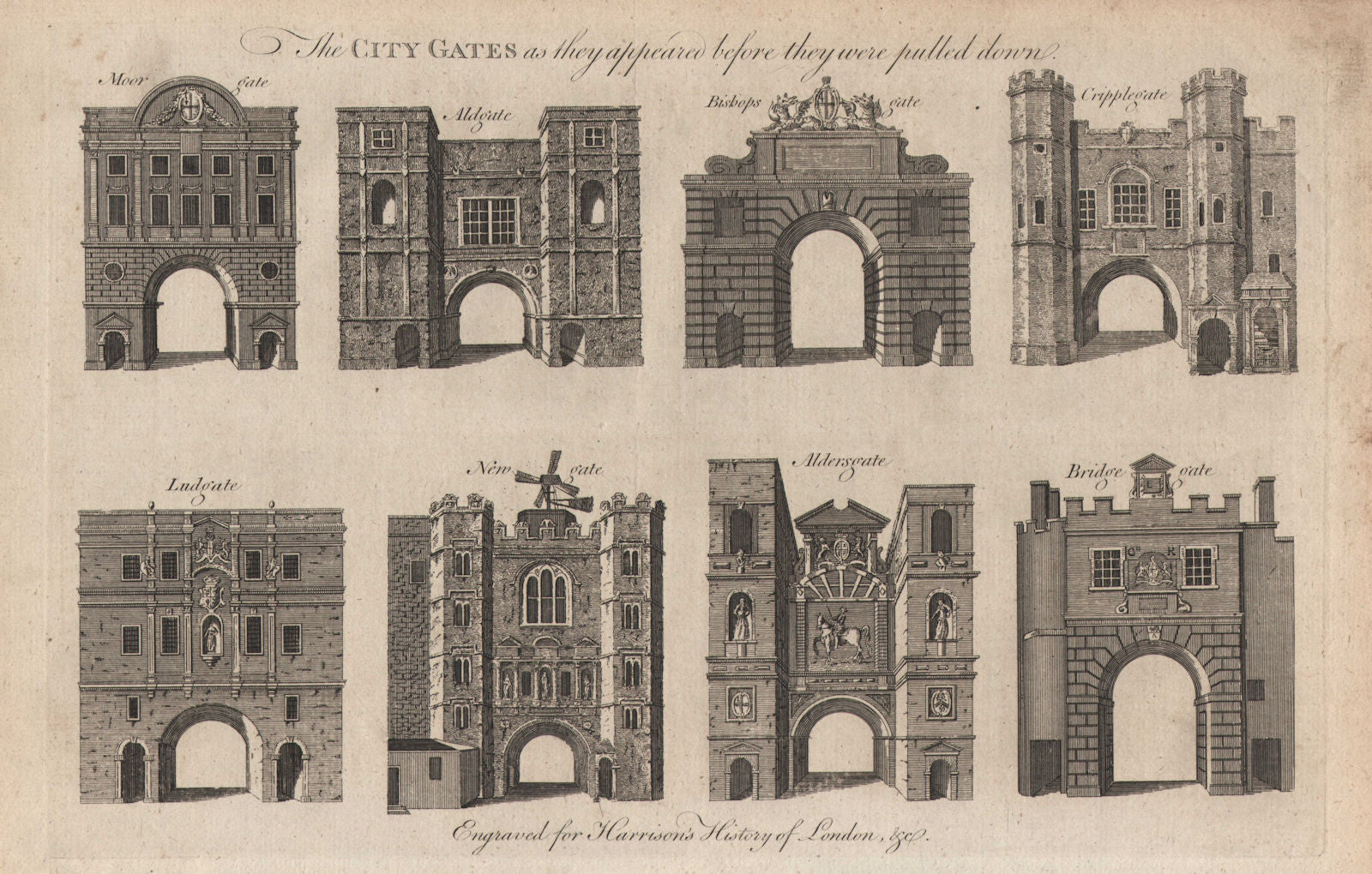 LONDON CITY GATES. Moorgate Aldgate Bishopsgate Cripplegate Ludgate &c 1776
